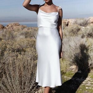 Jenny Yoo Kat cowl neck luxe satin midi dress in ivory size 2